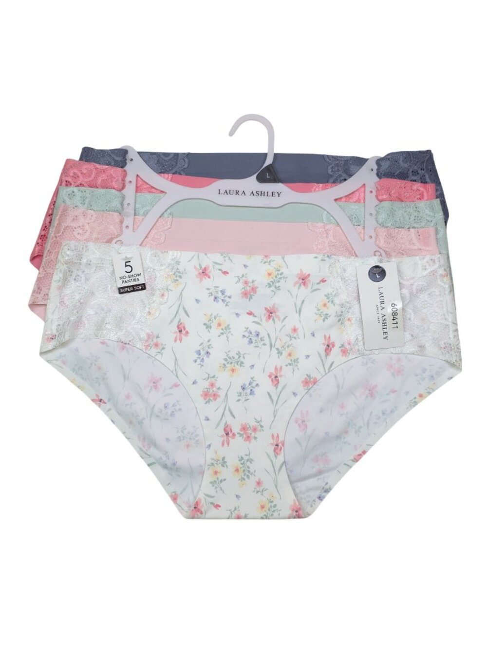 Laura Ashley Womens L 5-Pack No-Show Panties Super Soft Floral & Solid Lacy Trim